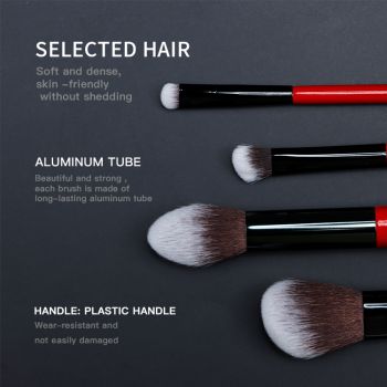 High-quality with bright red color wooden handle of makeup brush set