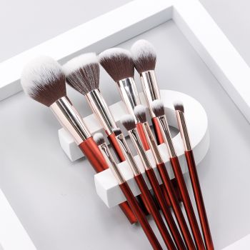 Shinny red color plastic handles for makeup brush sets 9pcs
