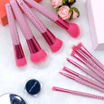 Cracked lacquered rose red wooden handle makeup brush for 11pcs in one set