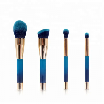 4-Piece Magnetic Makeup Brush Set with Metal Case Wood Handle and Synthetic Hair Blue Color Cosmetics Brush Set