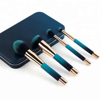 4-Piece Magnetic Makeup Brush Set with Metal Case Wood Handle and Synthetic Hair Blue Color Cosmetics Brush Set