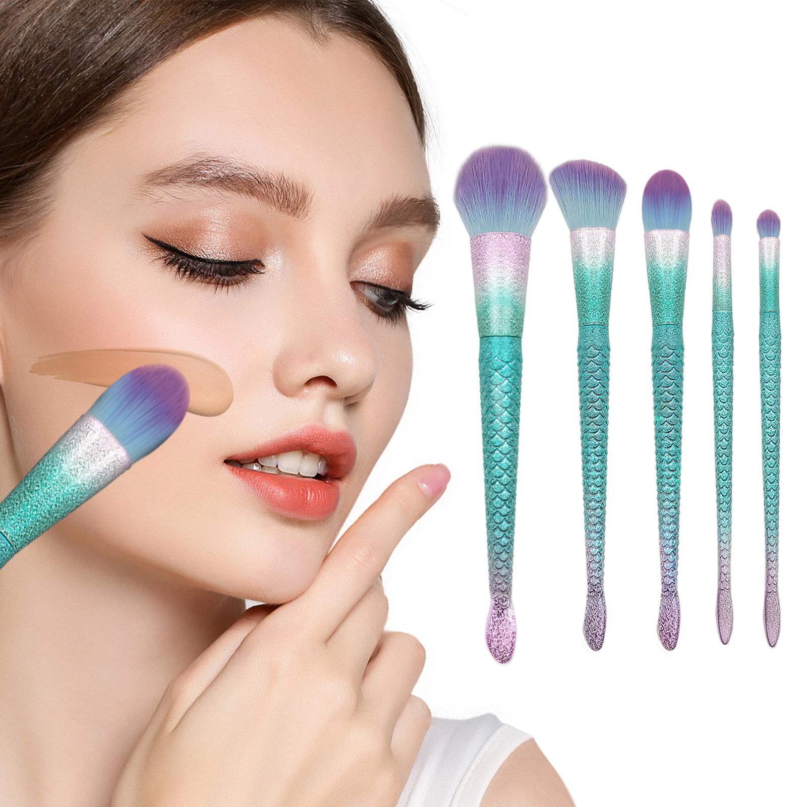 Mermaid shape of handle makeup brush set 5 pieces