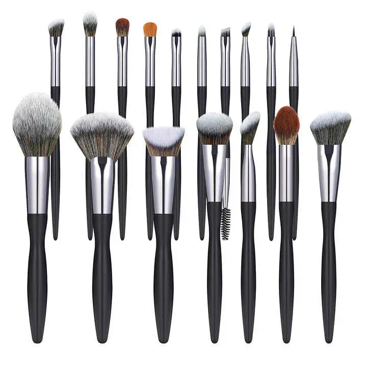 Source Factory Vegan Makeup Brushes 16pcs Professional High Quality Custom Logo Black Cosmetic Makeup Brushes Set