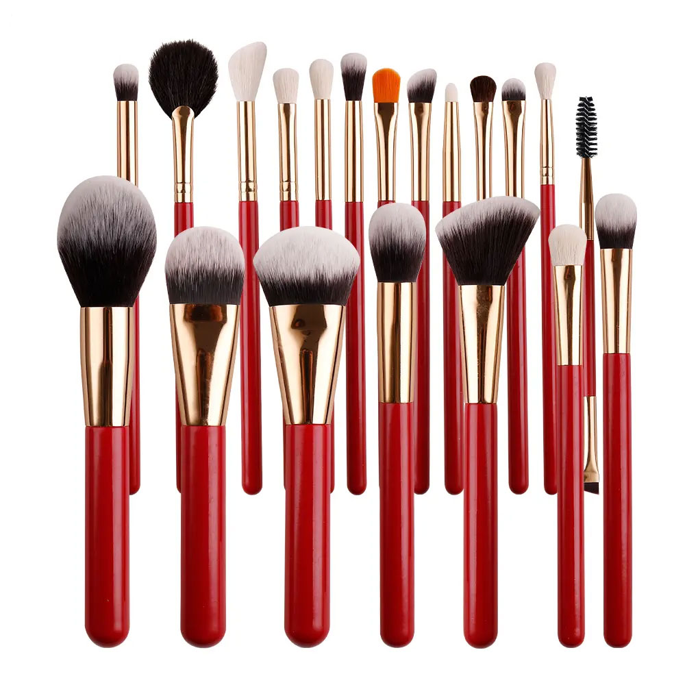 Red color wooden handle professional makeup brush set with Vegan Cruelty free synthetic fiber hair