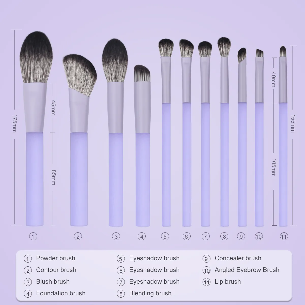 Hot sale 11 Pcs Purple Handle Beauty Makeup Brush Set Acrylic Transparent Custom Logo Cosmetics Make up Brush Kit